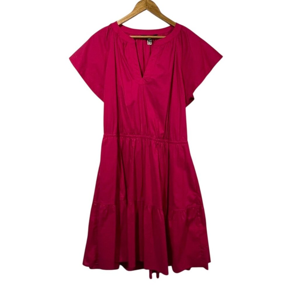 Lauren Ralph Lauren Hot Pink Fit Flare Dress V Neck Tiered Flutter Sleeve Sz 14